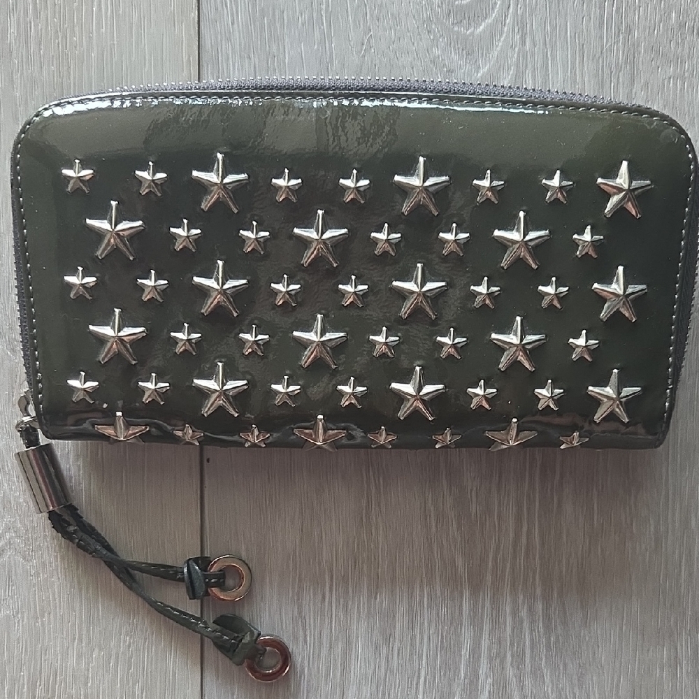Jimmy Choo Olive Green Patent Leather Star-Studded Zip Wallet